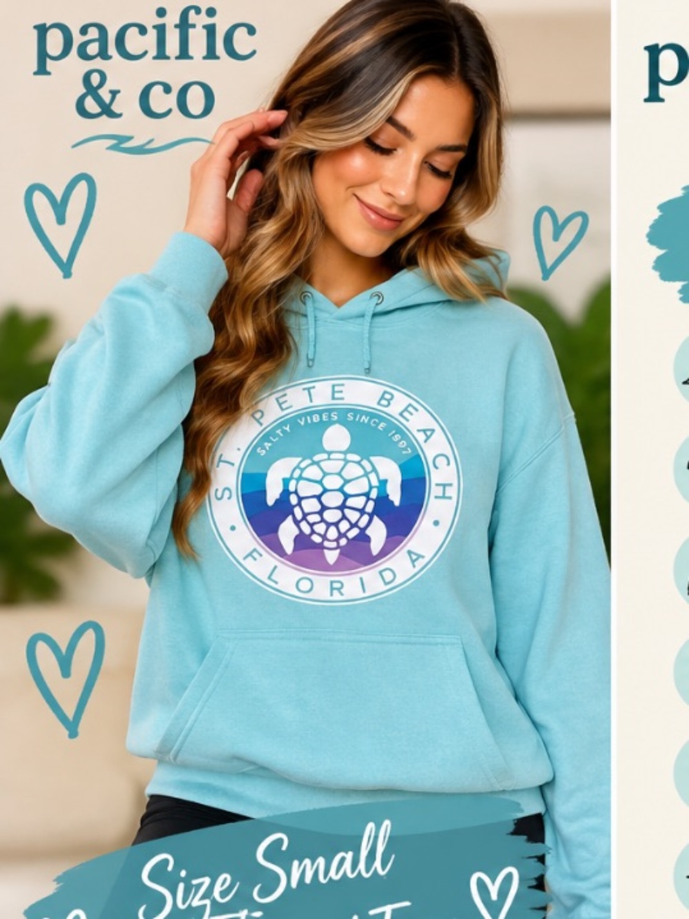 St Pete Beach Florida Sea Turtle Aqua Hoodie Small Pacific & Co